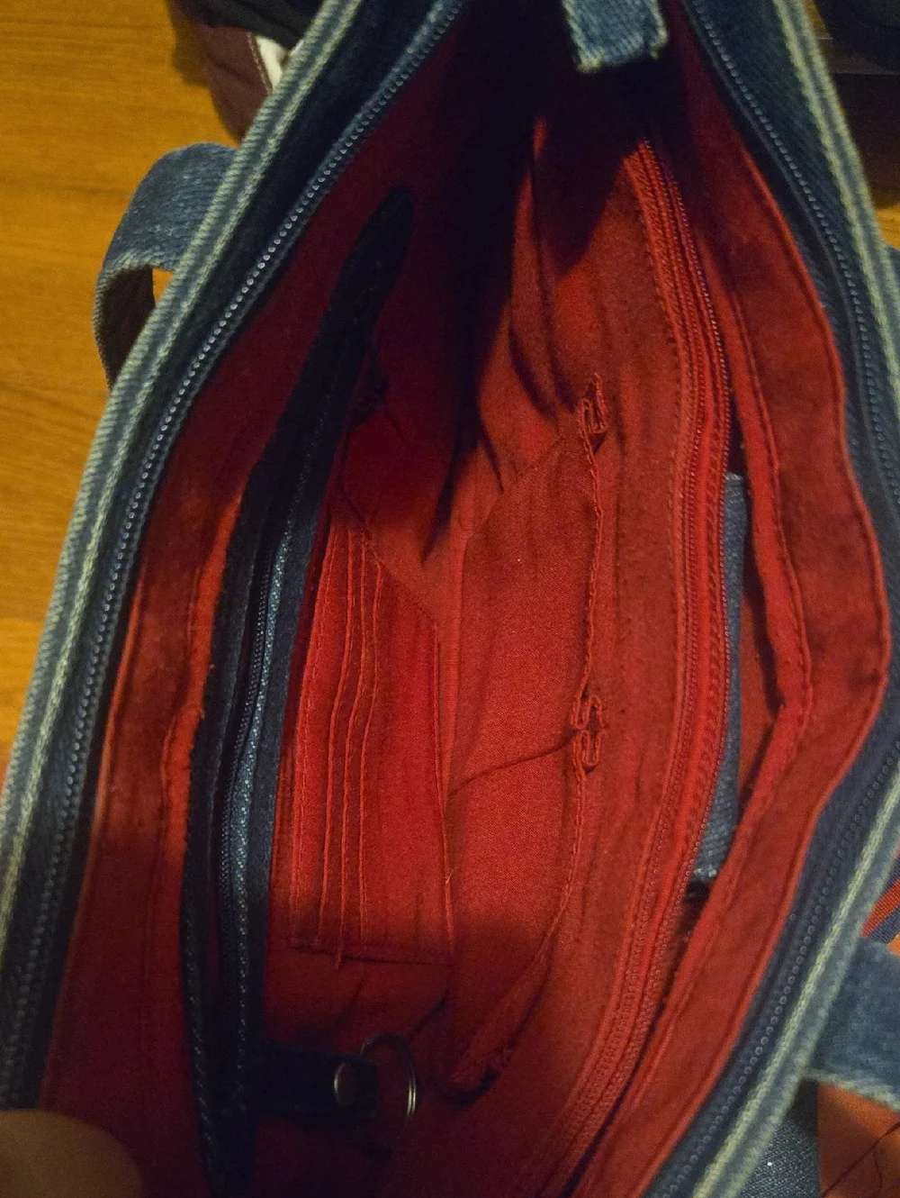 Denim Tote Bag with Red Stripe Handles - Picture 7 of 10